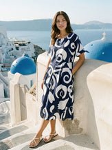 Linen Abstract-Print Pleated-Waist Midi Dress PRIYA by LINTICO for women