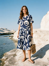 Linen Abstract-Print Pleated-Waist Midi Dress PRIYA by LINTICO for women