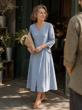 Blue 100% Linen Shell Button A Line Midi Dress ELIORA by LINTICO