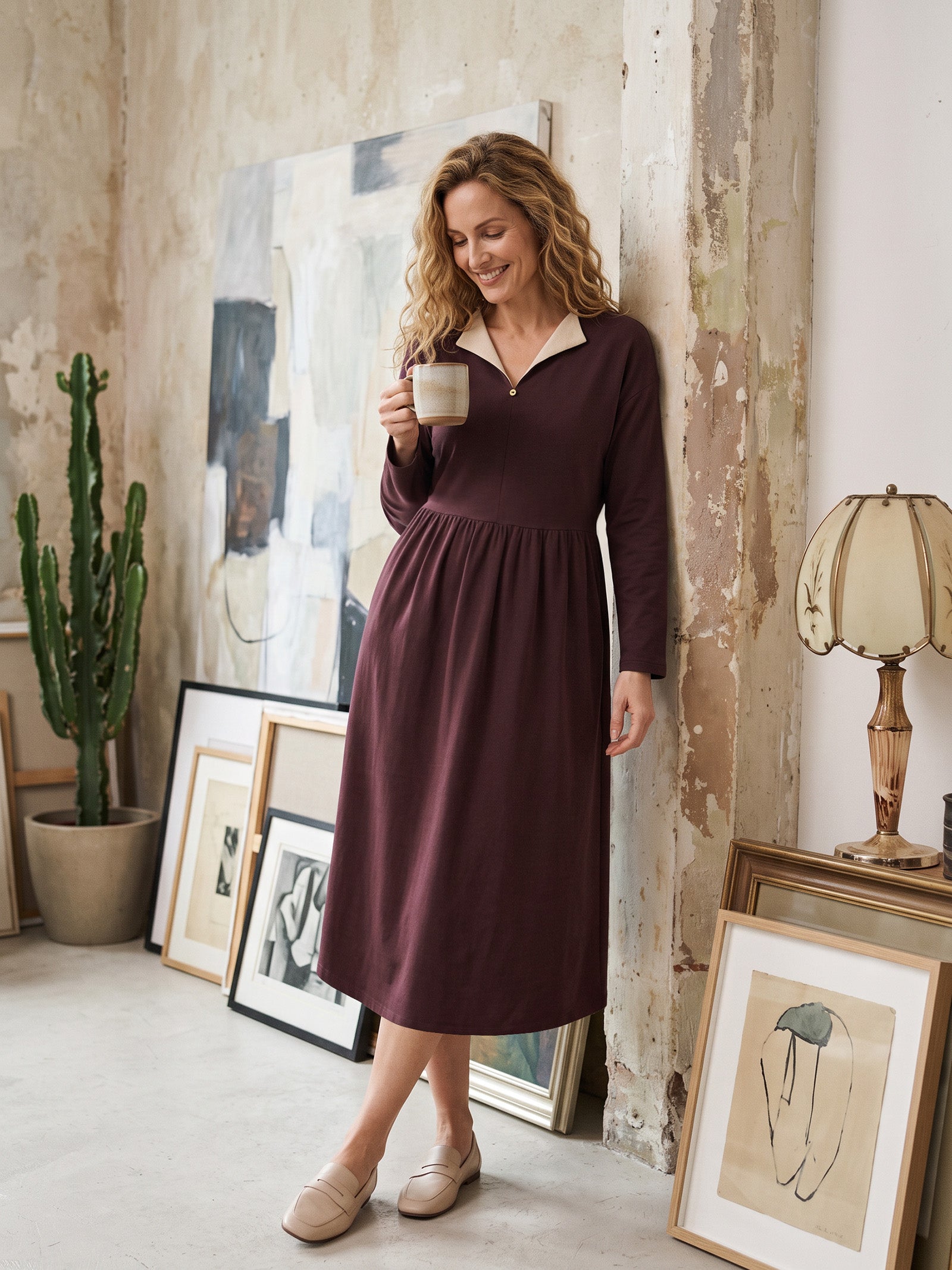 Model wearing Cotton Yarn Dyed Color Block Gathered Waist Midi Shirt Dress YARITZA in Burgundy Red