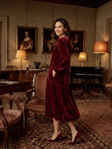 Model wearing 100% Silk Velvet Draped Pleat Relaxed Midi Dress ZELARA in Mulberry Wine