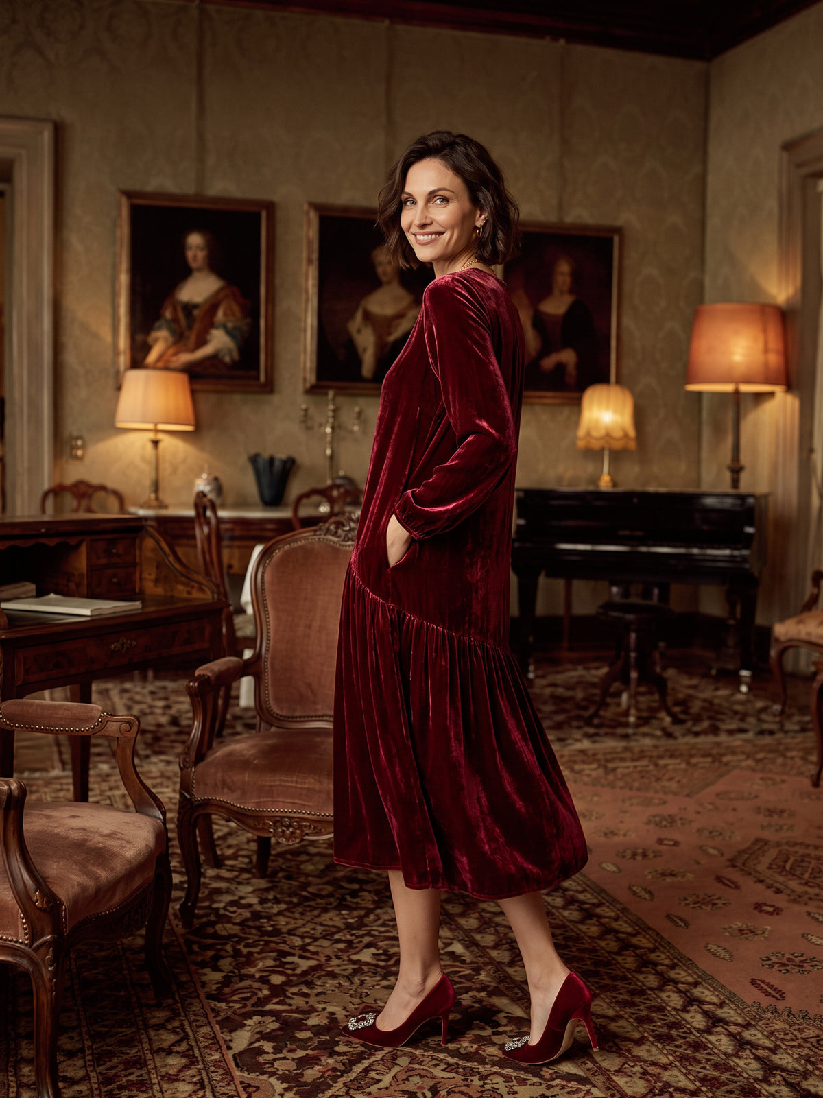 Model wearing 100% Silk Velvet Draped Pleat Relaxed Midi Dress ZELARA in Mulberry Wine