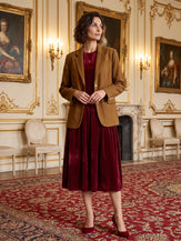 100% Silk Velvet Draped Pleat Relaxed Midi Dress ZELARA in Mulberry Wine - product image 1 of 1