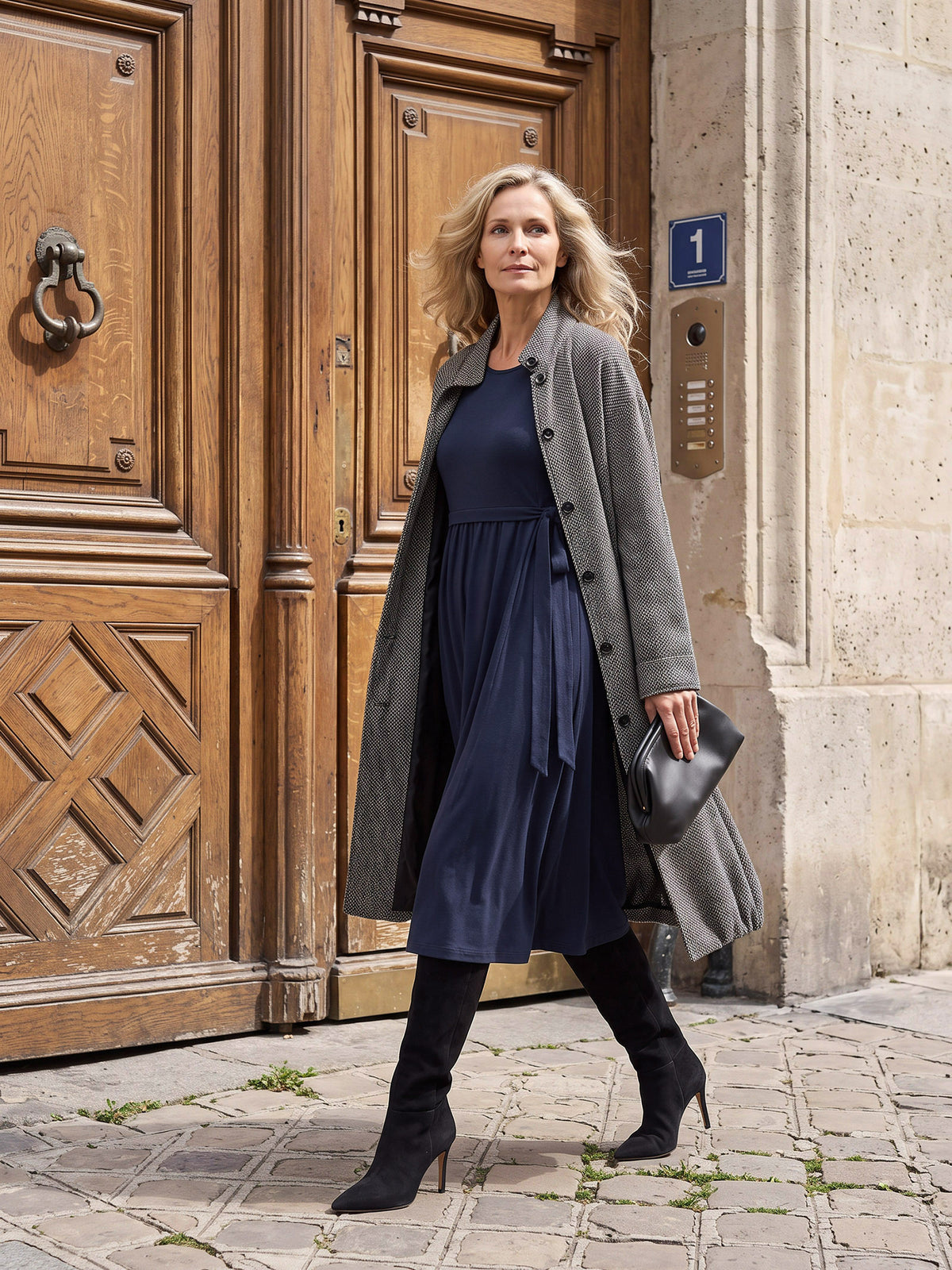 Lyocell Linen Ruched Waist Long Sleeve Midi Dress AUDRA in Evening Navy by LINTICO