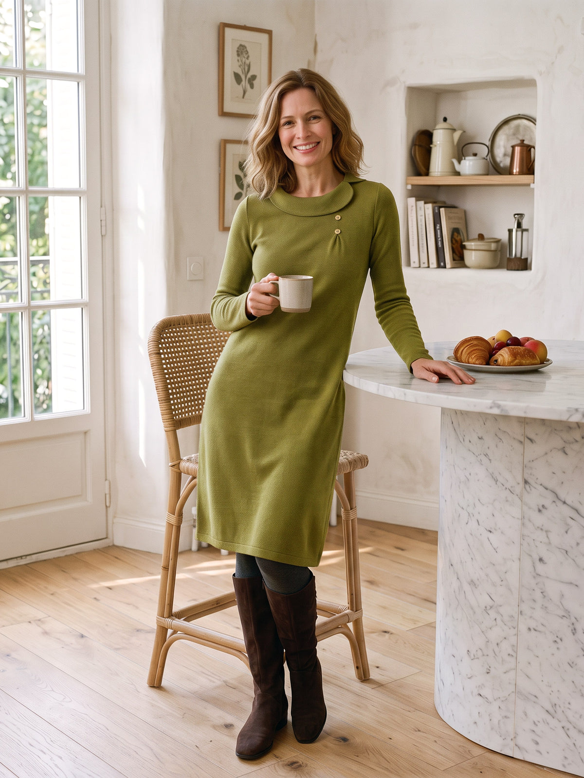 Lyocell Wool Draped Funnel Neck Midi Dress SYBIL in Golden Olive by LINTICO