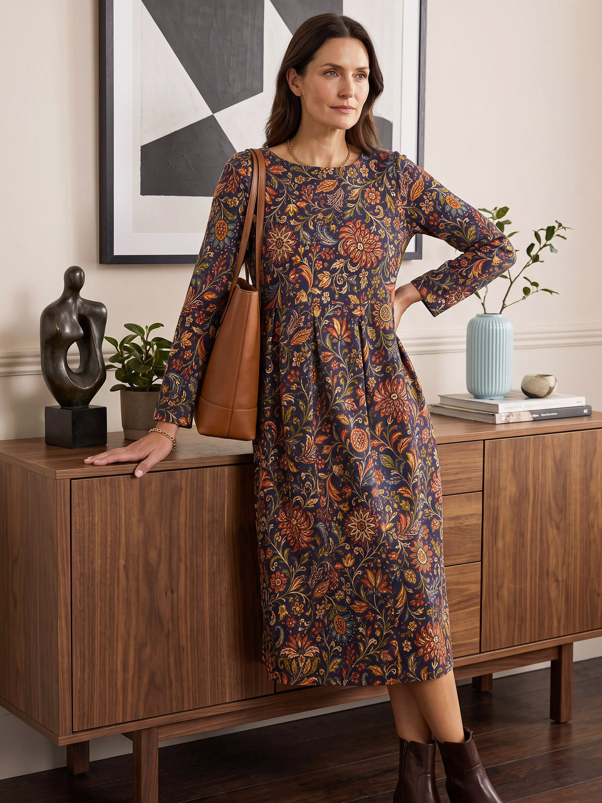 100% Cotton Botanical Paisley Print Long Sleeve Midi Dress VIOLETTE in Amber Bloom by LINTICO, product image 2 of 9