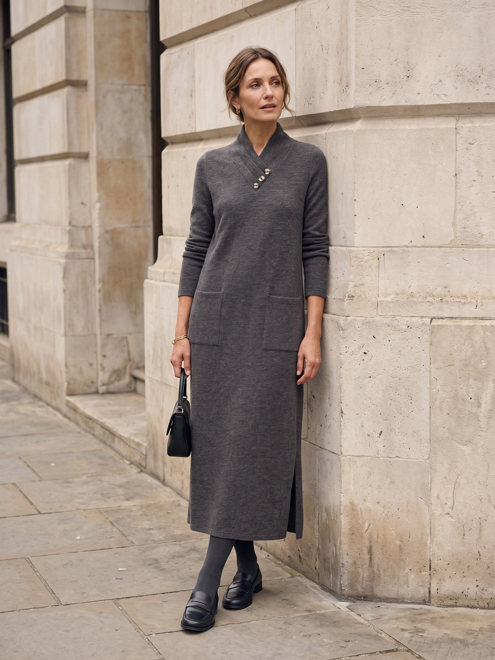 Wool Cotton V Neck Chest Button Detail Midi Dress MIREILLE in Charcoal Melange by LINTICO, product image 2 of 9