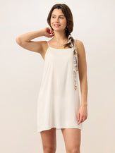 Linen Tribal Stripe Split Neck Bohemian Ruffle Midi Dress with Woven Belt and Slip MARLOWE by LINTICO for women
