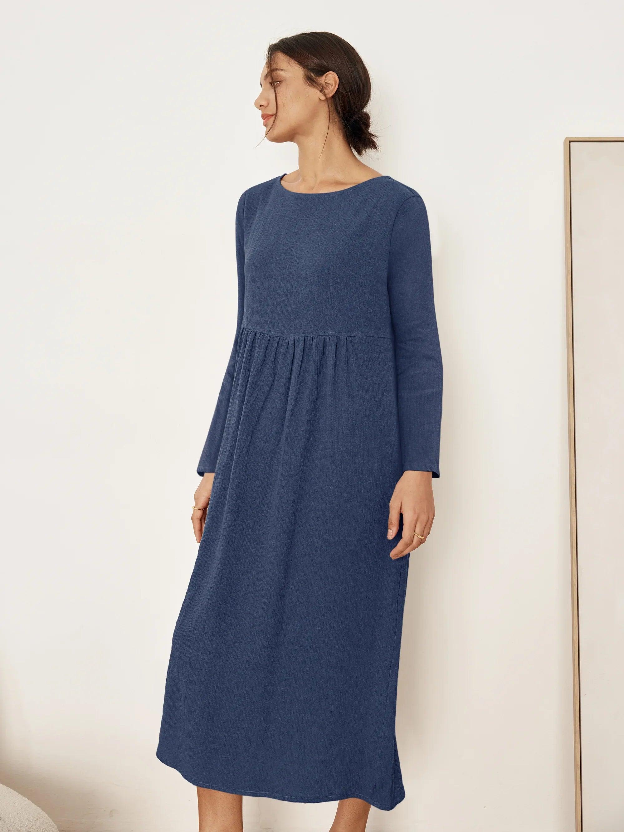 JANETTE 100% Linen Long-Sleeve Pleated Maxi Dress - DRESSES-Linen