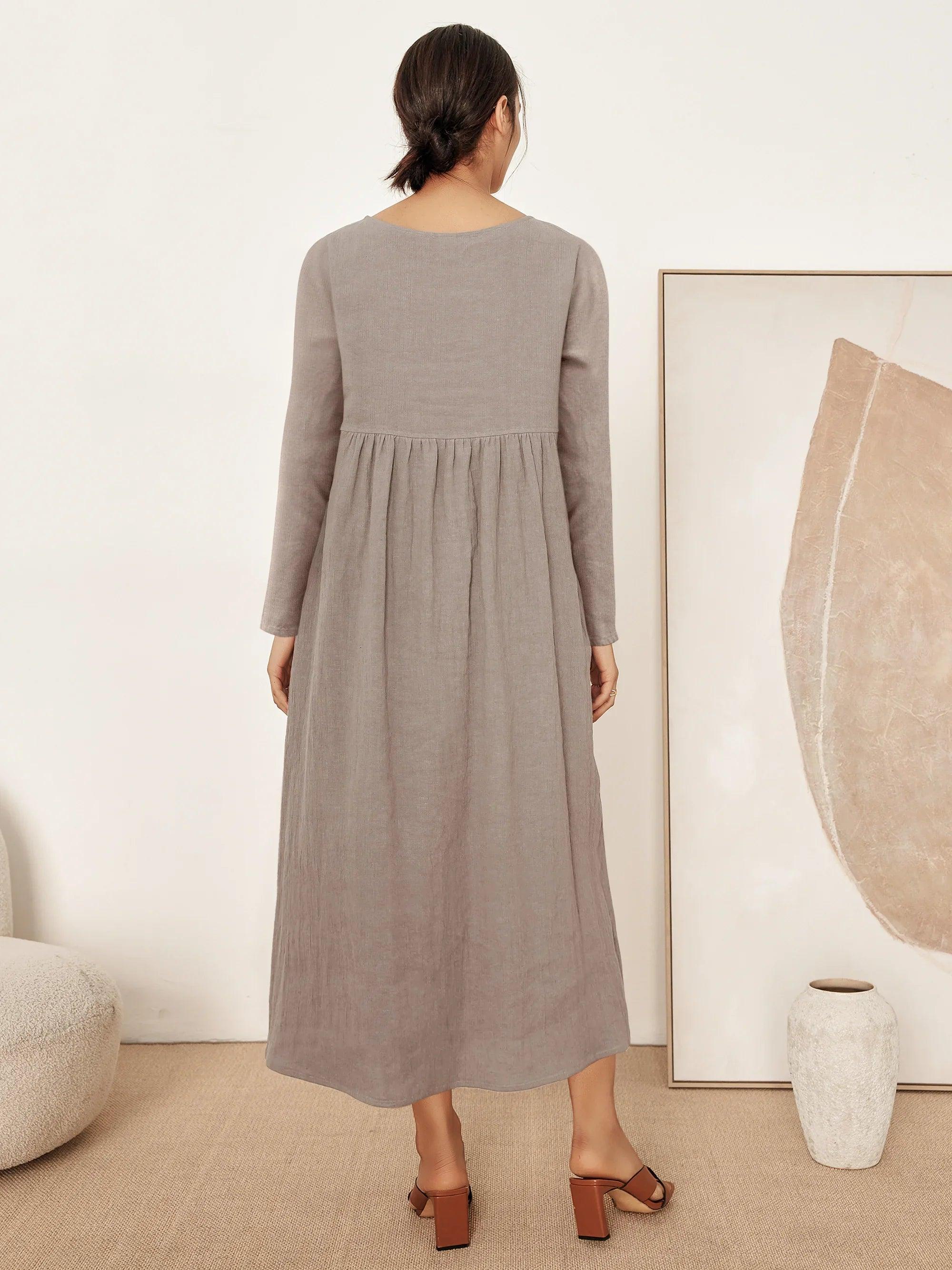 JANETTE 100% Linen Long-Sleeve Pleated Maxi Dress - DRESSES-Linen