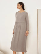 JANETTE 100% Linen Long-Sleeve Pleated Maxi Dress - DRESSES-Linen