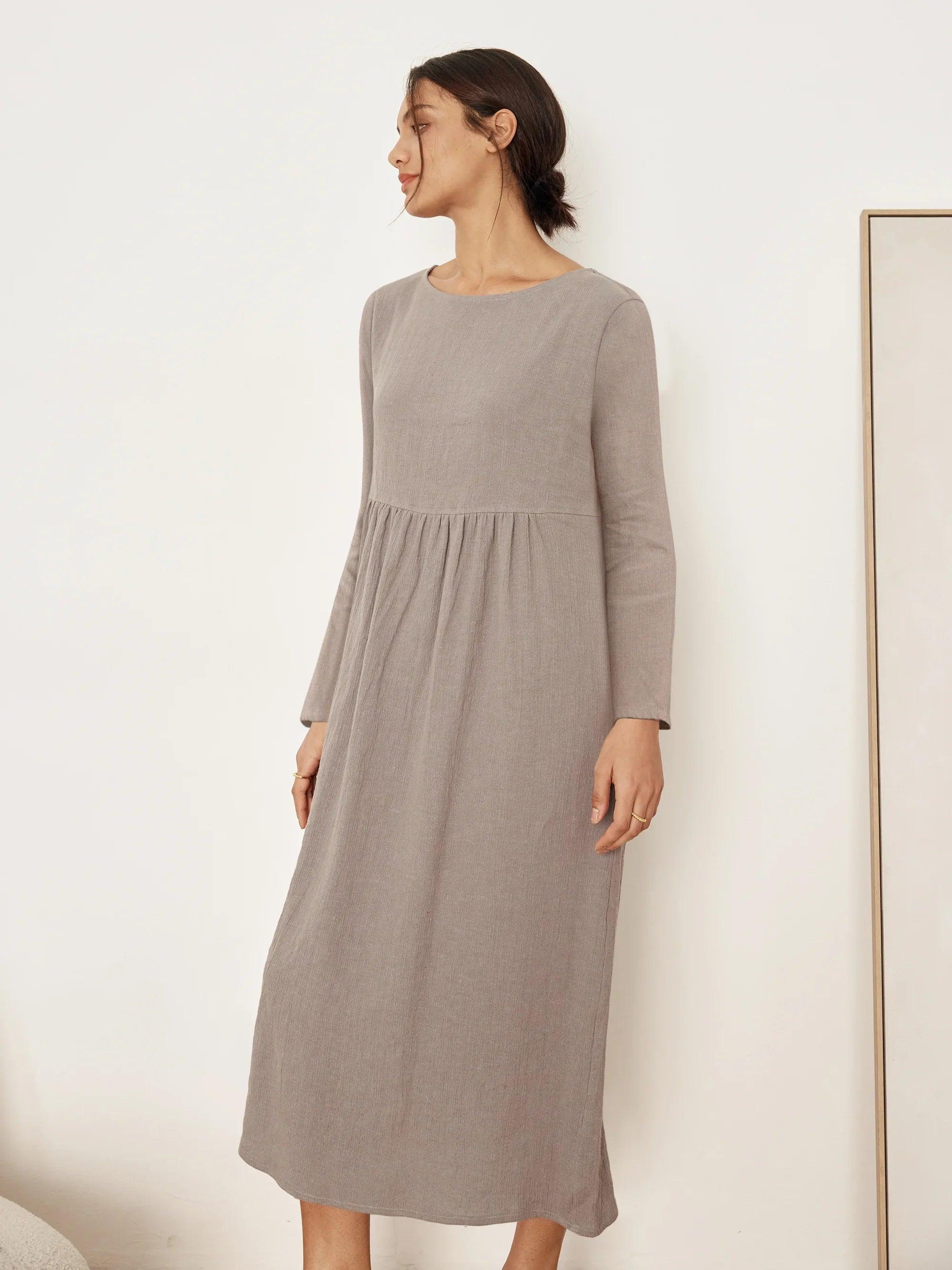 JANETTE 100% Linen Long-Sleeve Pleated Maxi Dress - DRESSES-Linen