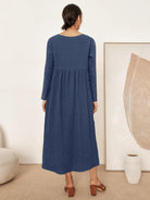 JANETTE 100% Linen Long-Sleeve Pleated Maxi Dress - DRESSES-Linen