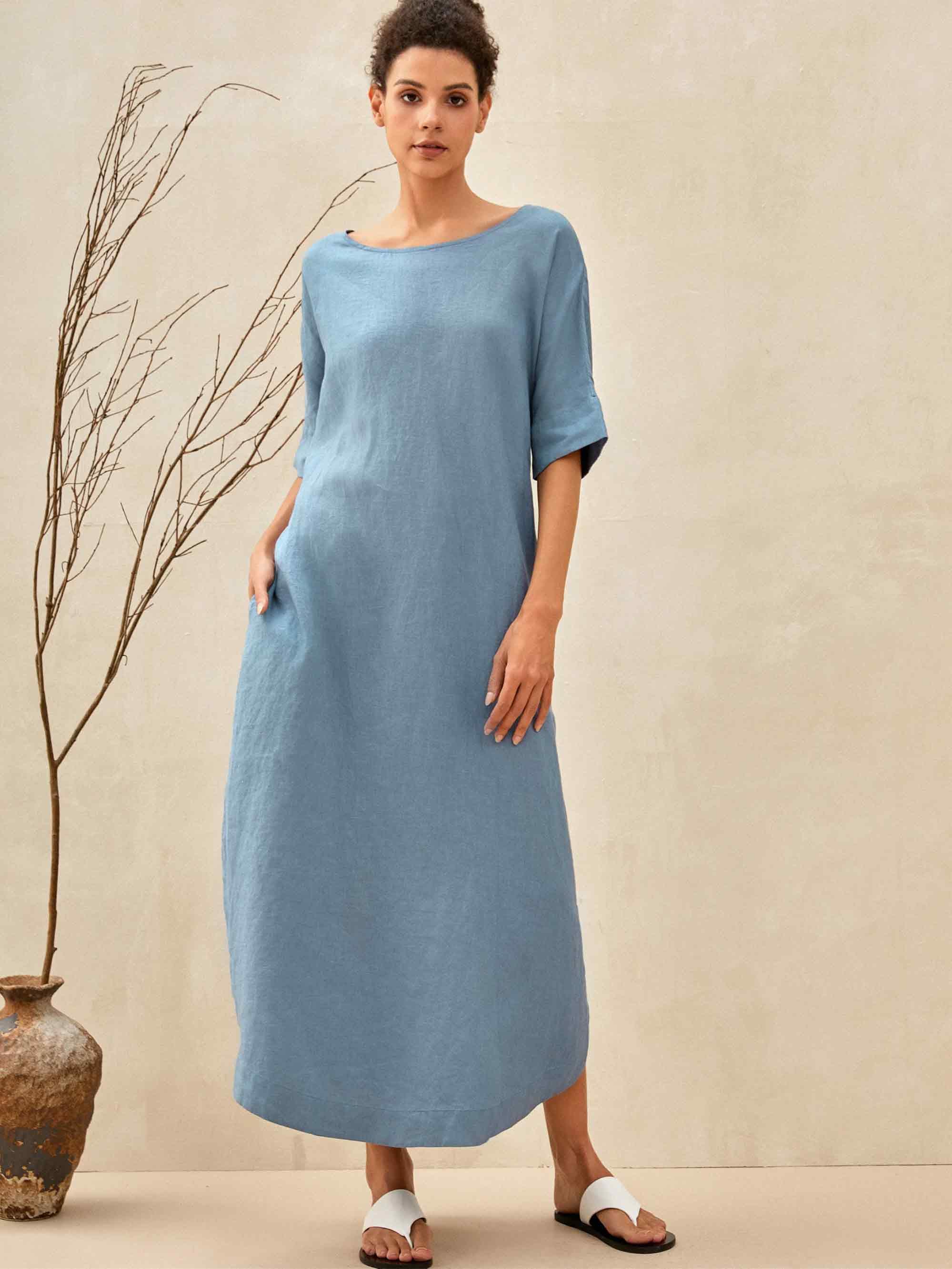 100% Linen Loose Fit Kimono Maxi Dress MADDIE - DRESSES-Linen