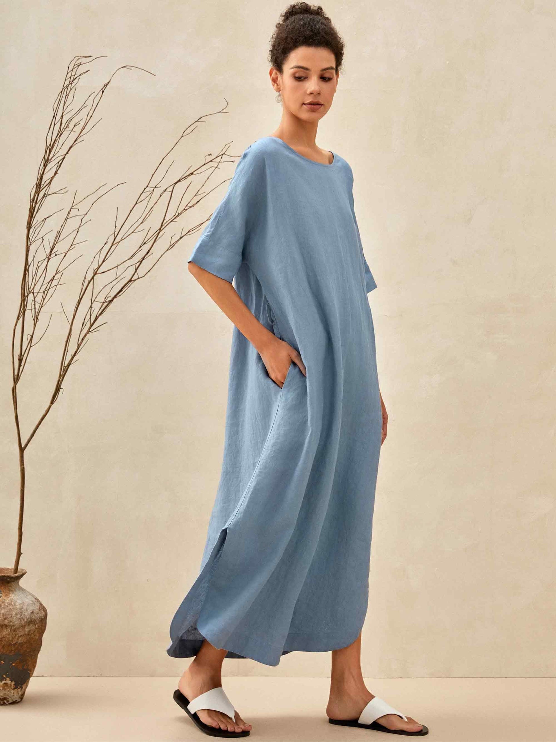 100% Linen Loose Fit Kimono Maxi Dress MADDIE Powder Blue S