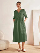 100% Linen Loose Fit Button Waist Gathered Maxi Dress LUNA - Olive / S - DRESSES-Linen