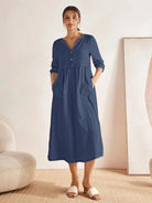 100% Linen Loose Fit Button Waist Gathered Maxi Dress LUNA - Navy Blue / S - DRESSES-Linen