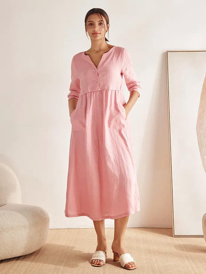 100% Linen Loose Fit Button Waist Gathered Maxi Dress LUNA - Pastel Pink / S - DRESSES-Linen