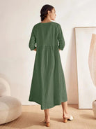 100% Linen Loose Fit Button Waist Gathered Maxi Dress LUNA - DRESSES-Linen