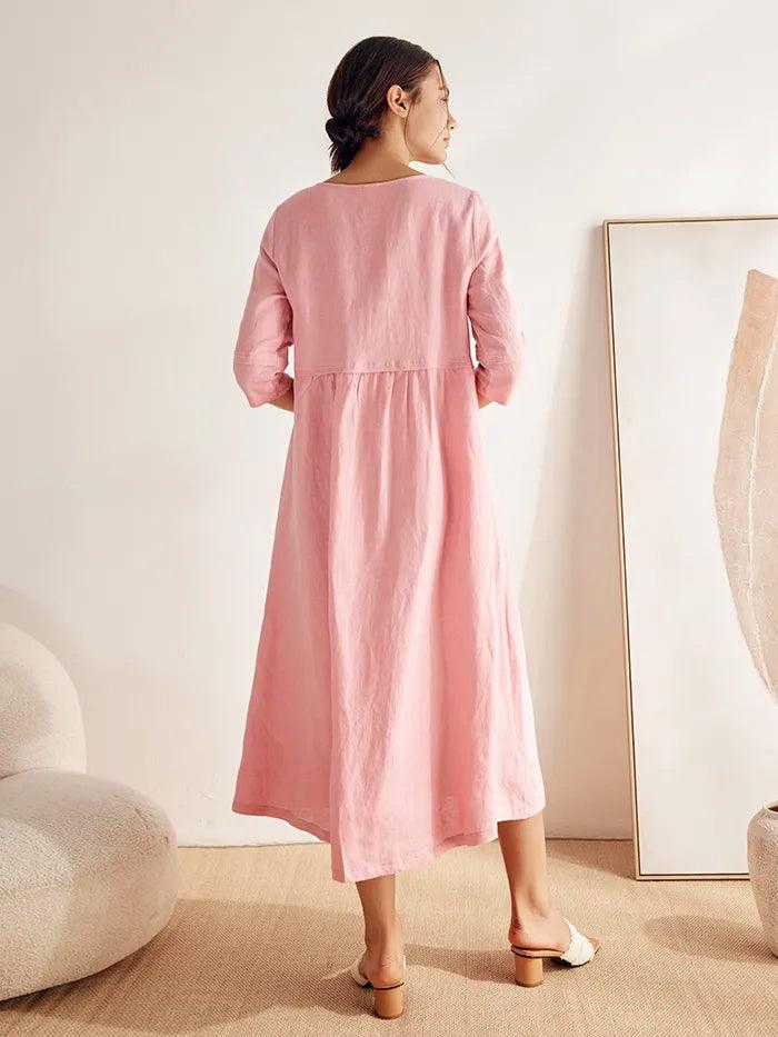 100% Linen Loose Fit Button Waist Gathered Maxi Dress LUNA - DRESSES-Linen