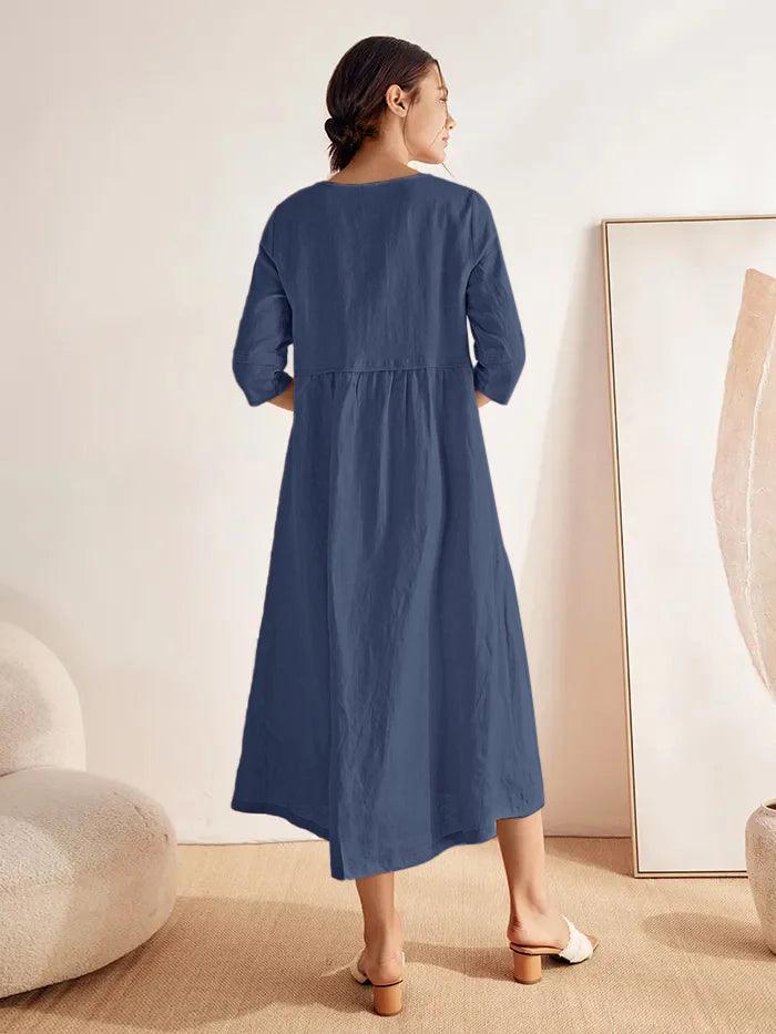 100% Linen Loose Fit Button Waist Gathered Maxi Dress LUNA - DRESSES-Linen