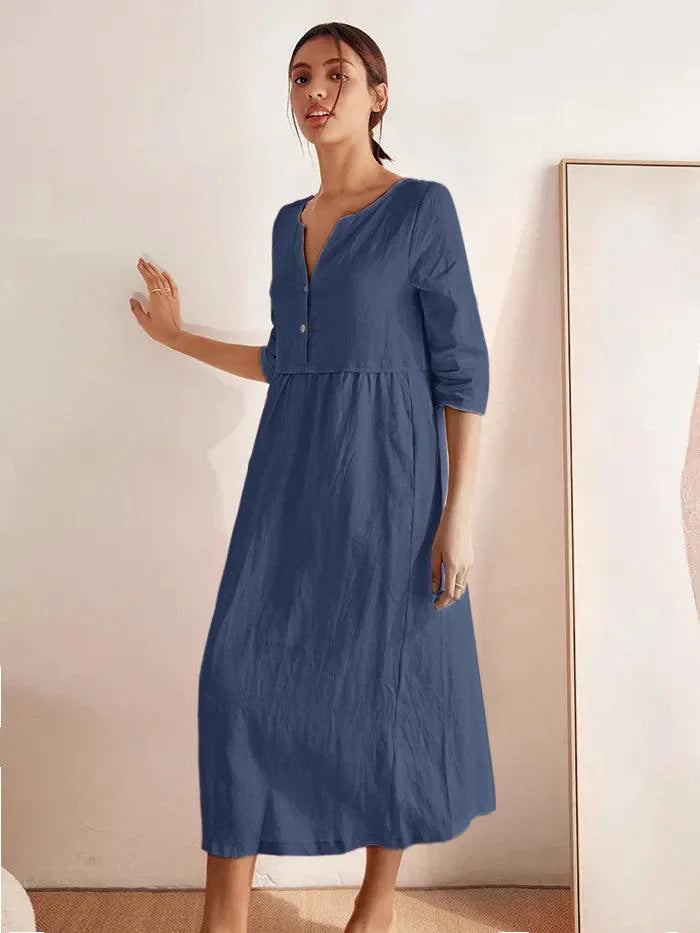 100% Linen Loose Fit Button Waist Gathered Maxi Dress LUNA - DRESSES-Linen