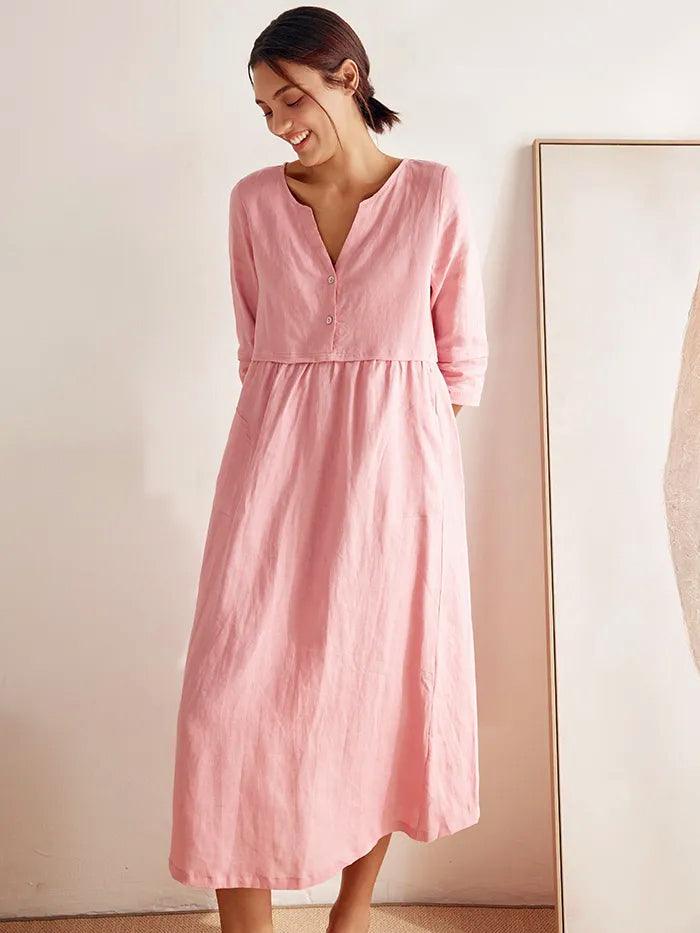 100% Linen Loose Fit Button Waist Gathered Maxi Dress LUNA - DRESSES-Linen