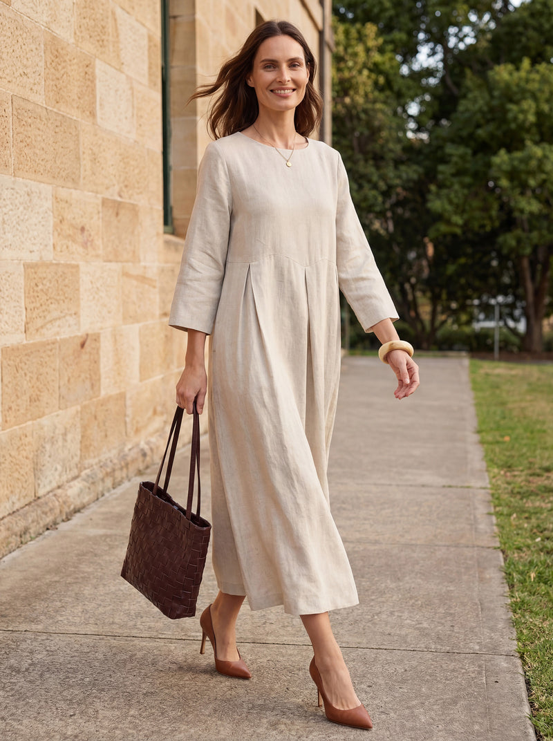 100% Linen Bateau Neck Pleated Midi Dress ABIGAIL by LINTICO for women