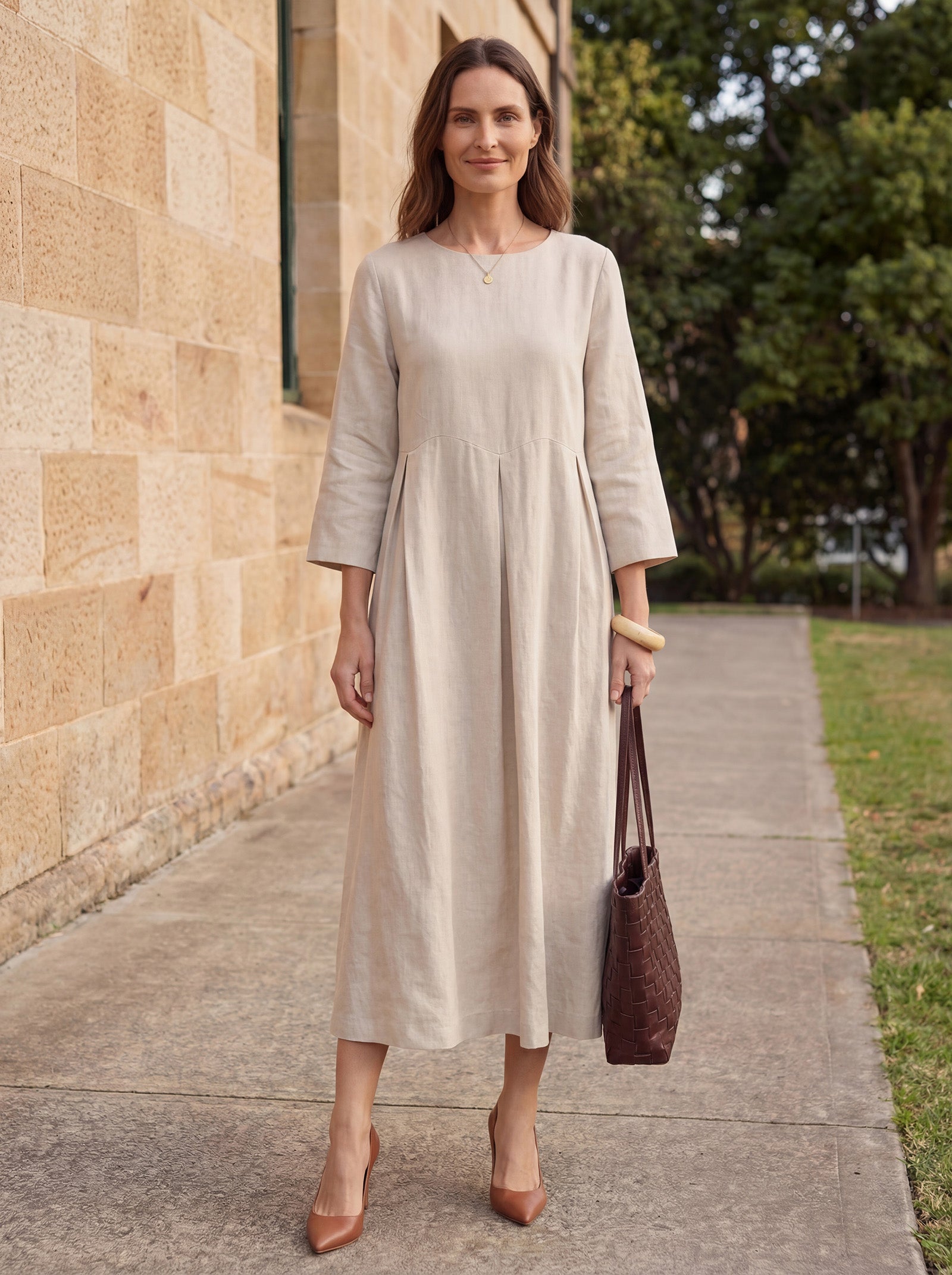 100% Linen Bateau Neck Pleated Midi Dress ABIGAIL by LINTICO for women
