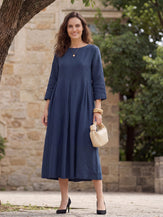 100% Linen Bateau Neck Pleated Midi Dress ABIGAIL by LINTICO for women