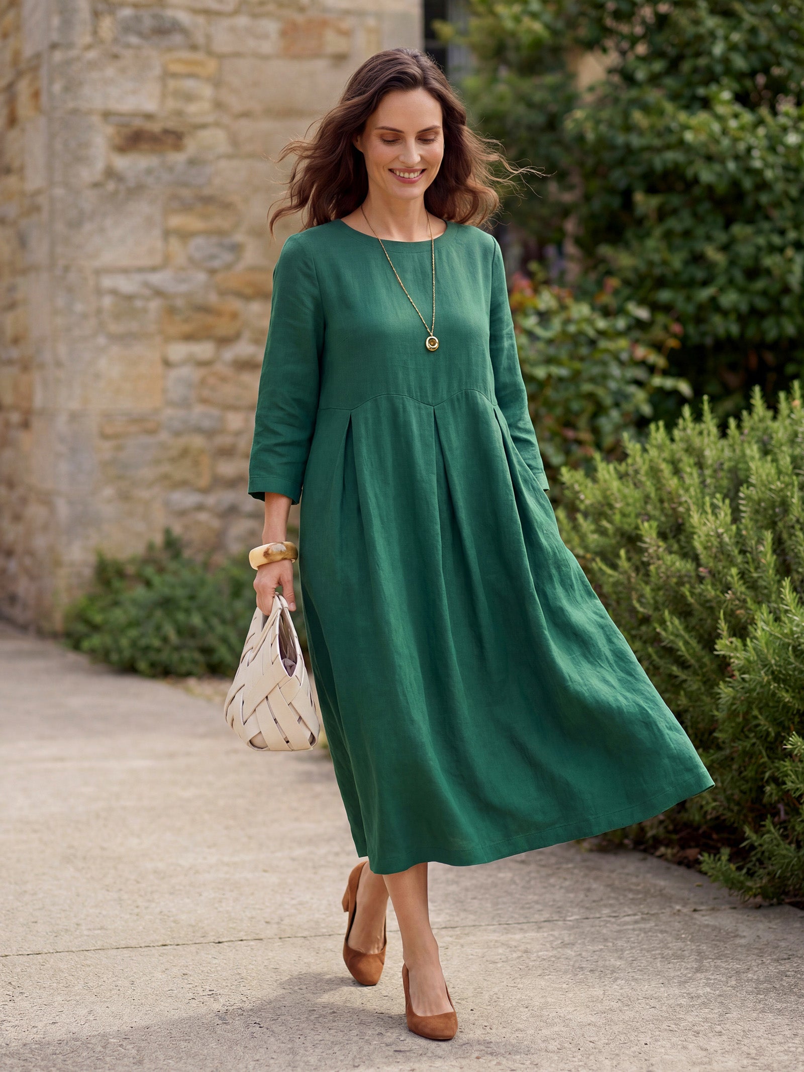 100% Linen Bateau Neck Pleated Midi Dress ABIGAIL by LINTICO for women