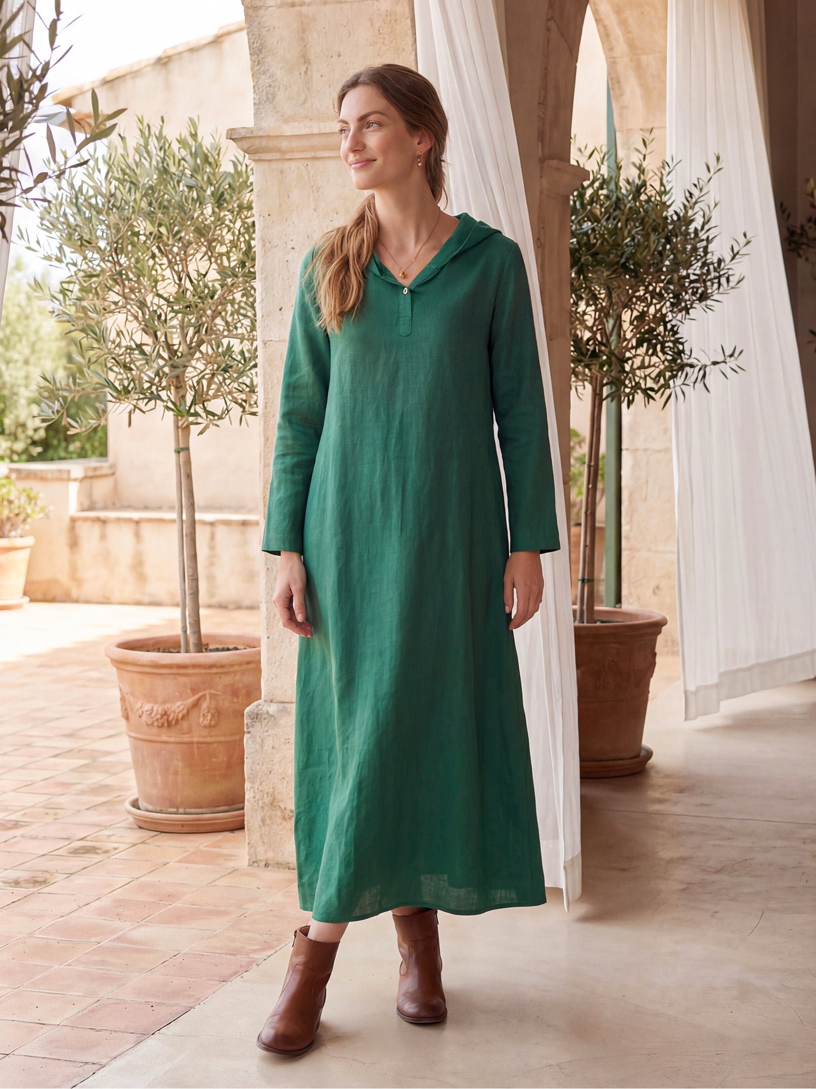 100% Linen Hooded Pullover Midi Dress REBECCA by LINTICO for women