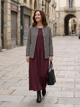 Model wearing Organic Cotton Patchwork Cuff Crew Neck Casual Midi Dress SCARLETT in Burgundy Red