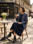 Model wearing Organic Cotton Patchwork Cuff Crew Neck Casual Midi Dress SCARLETT in Navy Blue