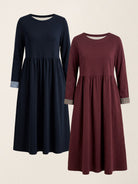 Organic Cotton Patchwork Cuff Crew Neck Casual Midi Dress SCARLETT in Navy Blue and Burgundy Red
