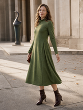 Olive Wool Sculpted Pleats Turtleneck Midi Dress BRIAR by LINTICO