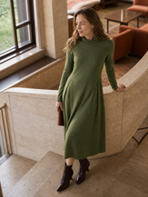 Olive Wool Sculpted Pleats Turtleneck Midi Dress BRIAR by LINTICO