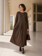Coffee Wool Arc-Panel Sculpted Pleats Midi Dress CALISTA by LINTICO