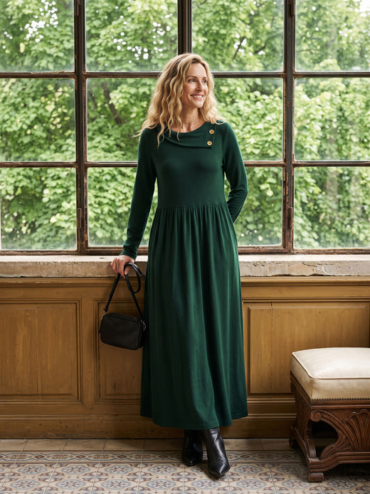 Wool Layered Neck Pleated Midi Dress BILLIE