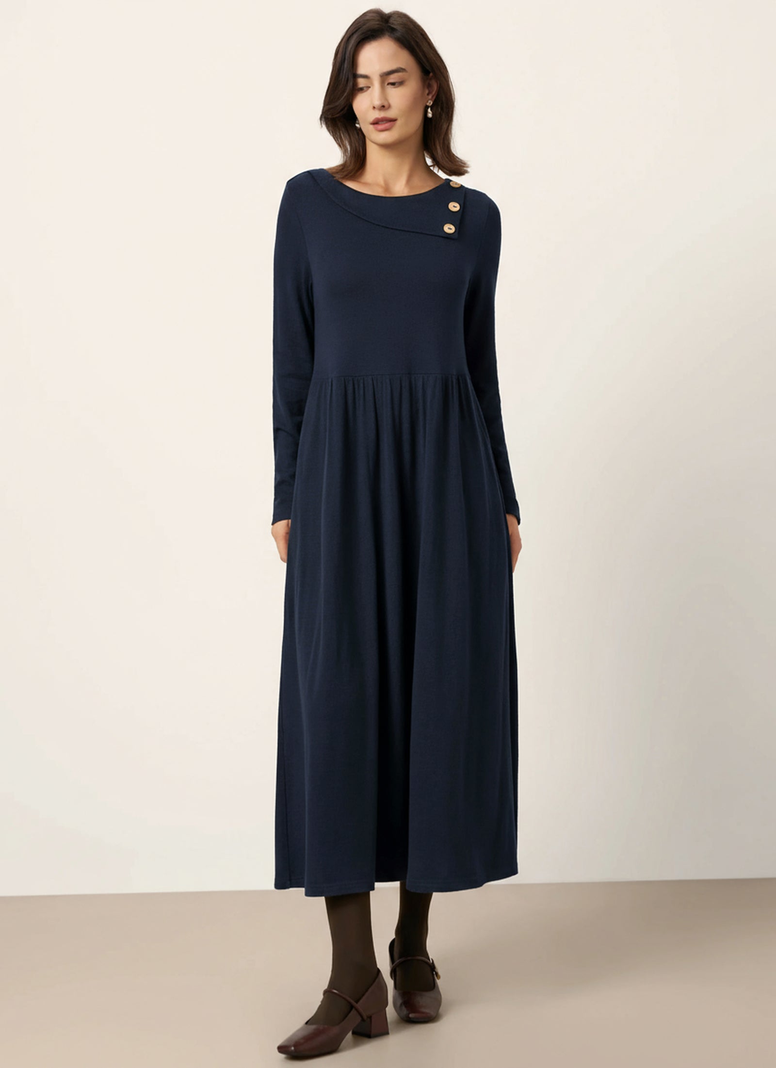 Wool Layered Neck Pleated Maxi Dress BILLIE