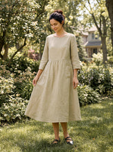 100% Linen Shirred Waistline Patch Pocket Midi Dress MARCELLA by LINTICO for women