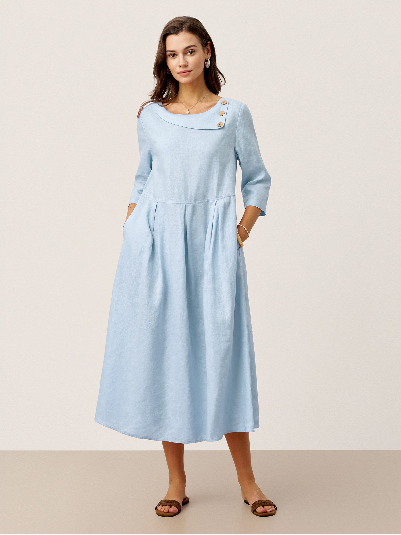 100% Linen Crescent Neck Decorative Button Waist Pleated Midi Dress GWENYTH by LINTICO for women