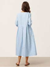 100% Linen Crescent Neck Decorative Button Waist Pleated Midi Dress GWENYTH by LINTICO for women