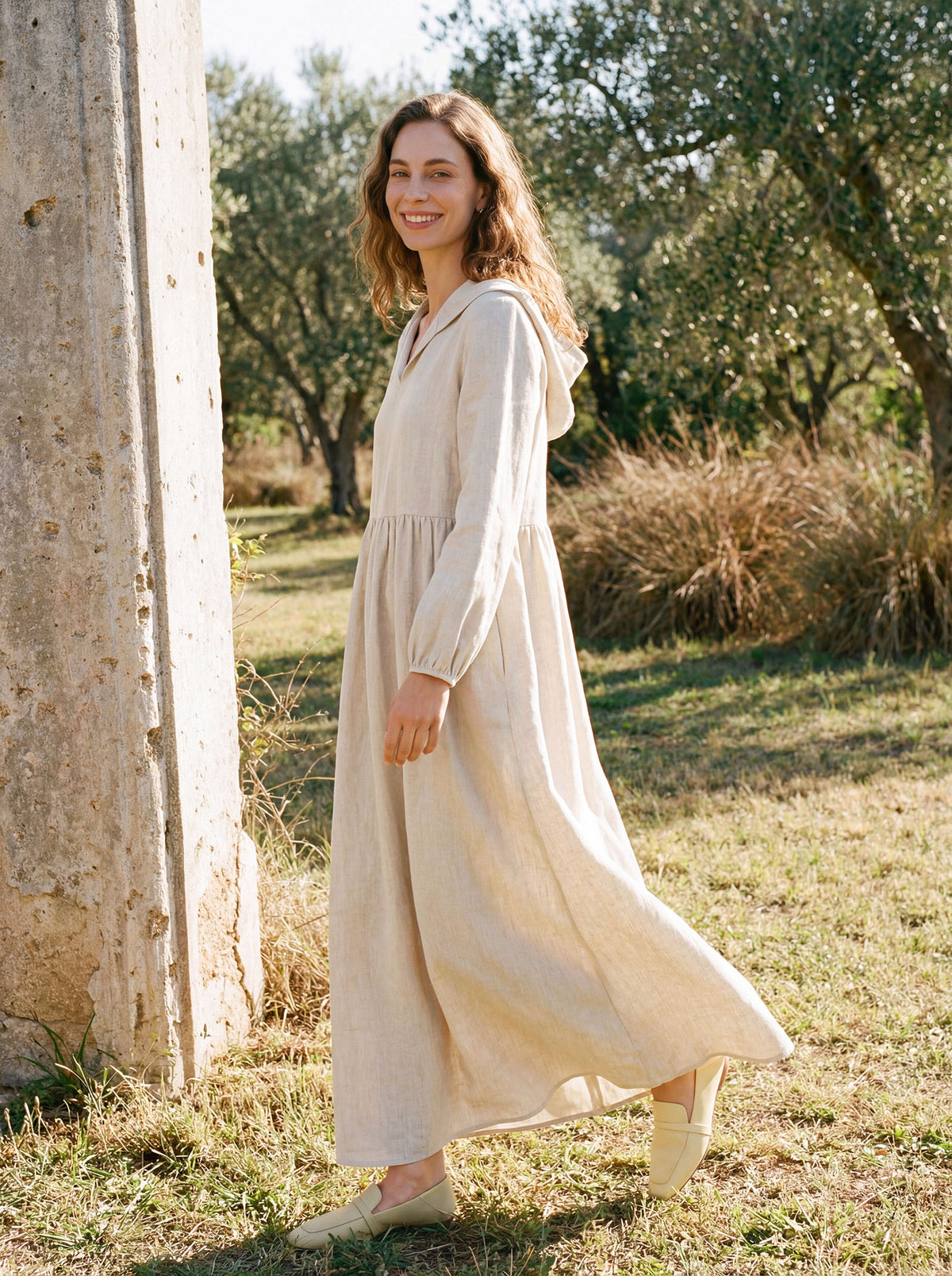 100% Linen Sculpted-Hood Caftan Midi Dress LINETTE by LINTICO for women