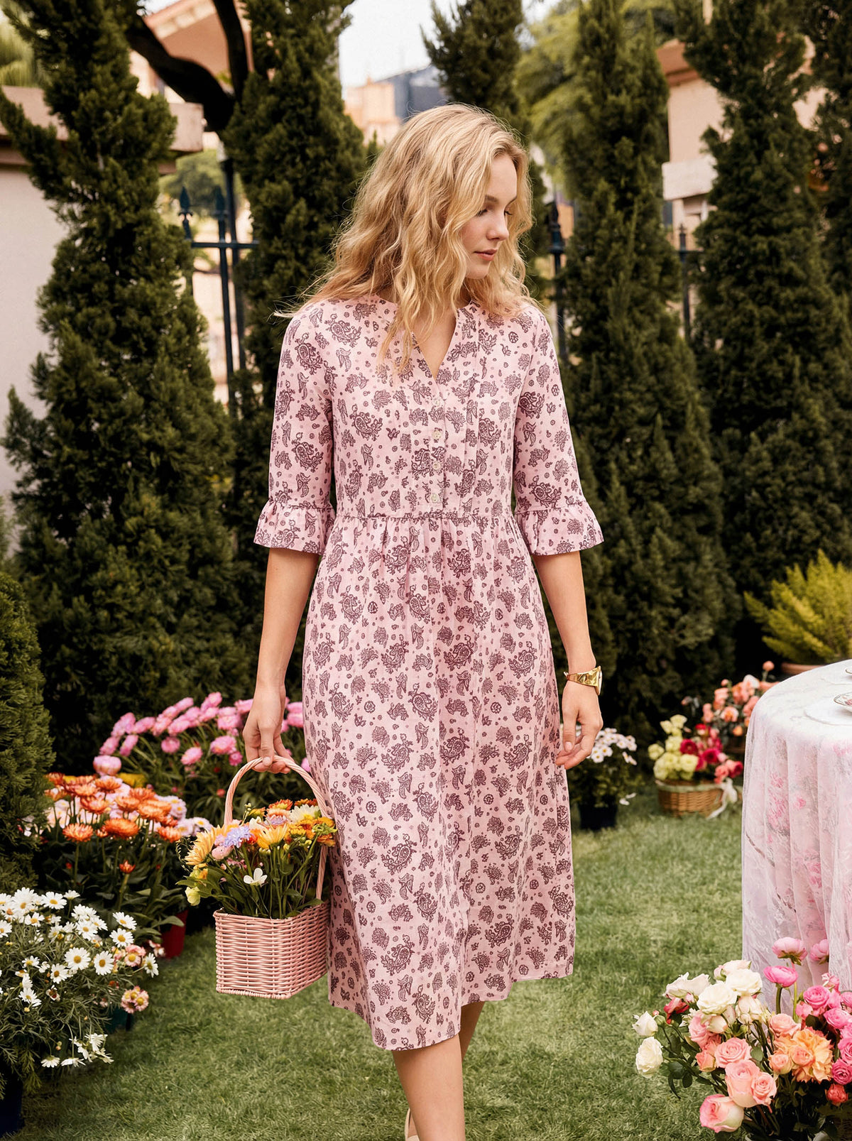 Linen Paisley Pintucked Ruffle-Cuff Midi Dress MAELYN by LINTICO for women