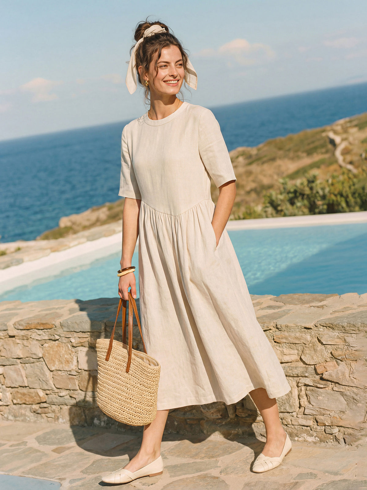 100% Linen Arch-Seam Fluid Midi Dress EUDORA by LINTICO for women