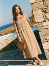 100% Linen Sleeveless Tie-Neck Pintucked Midi Dress MILLICENT by LINTICO for women