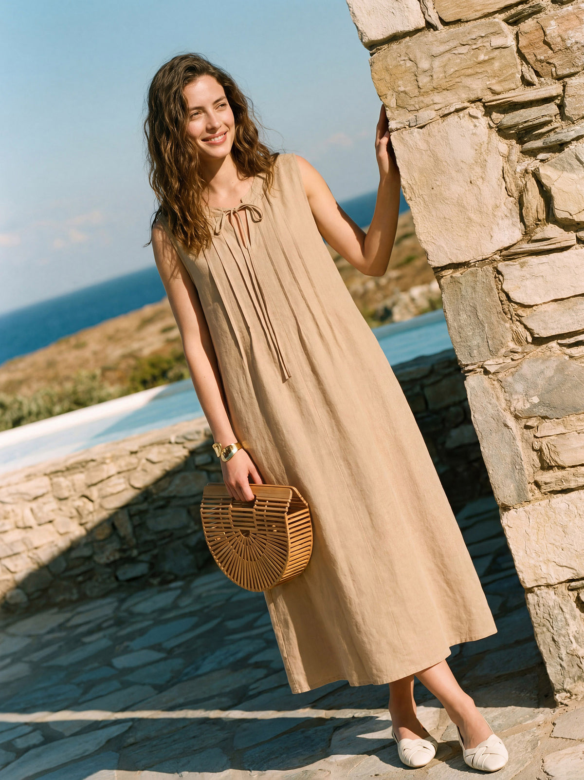 100% Linen Sleeveless Tie-Neck Pintucked Midi Dress MILLICENT by LINTICO for women