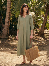 100% Linen Center Pleat V-Neck Cuffed Sleeve Midi Dress ZENOBIA by LINTICO for women