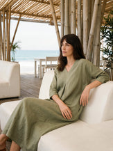 100% Linen Center Pleat V-Neck Cuffed Sleeve Midi Dress ZENOBIA by LINTICO for women